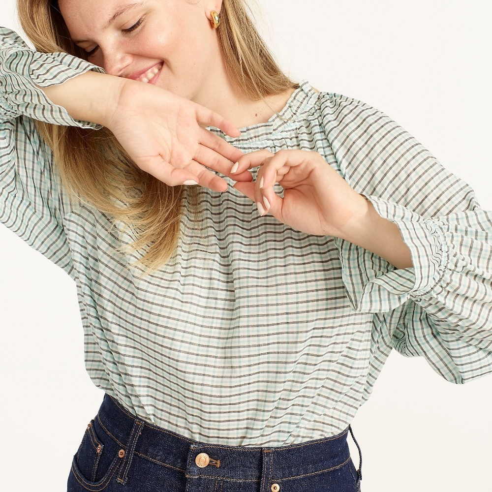J Crew Tie-waist Top in Aqua Plaid Ruffle Neckline Fluted Sleeves